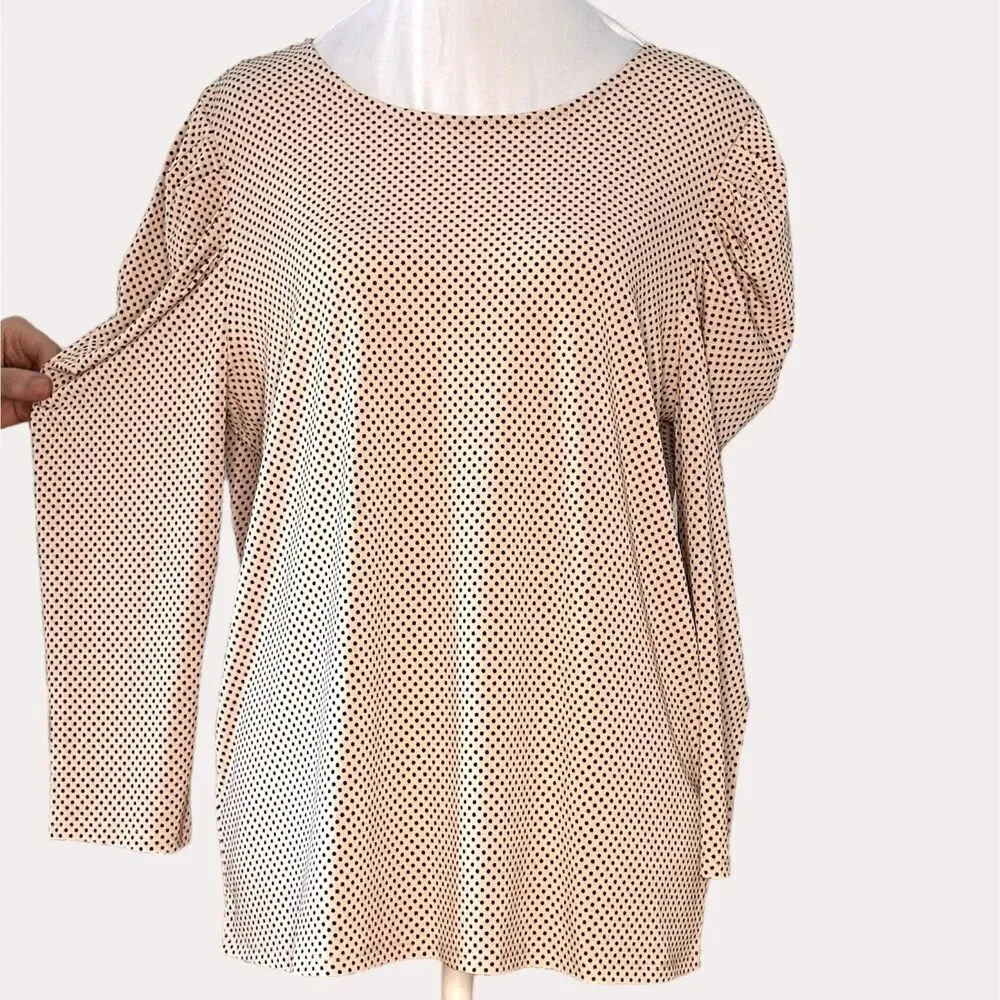 Adrianna Papell Slinky Knit Puff Sleeve Blouse Top Polka Dot Peach M NWOT